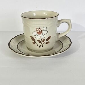 Cumberland Mayblossom Stoneware Cup Saucer Set 2pc Cream Brown Floral Japan